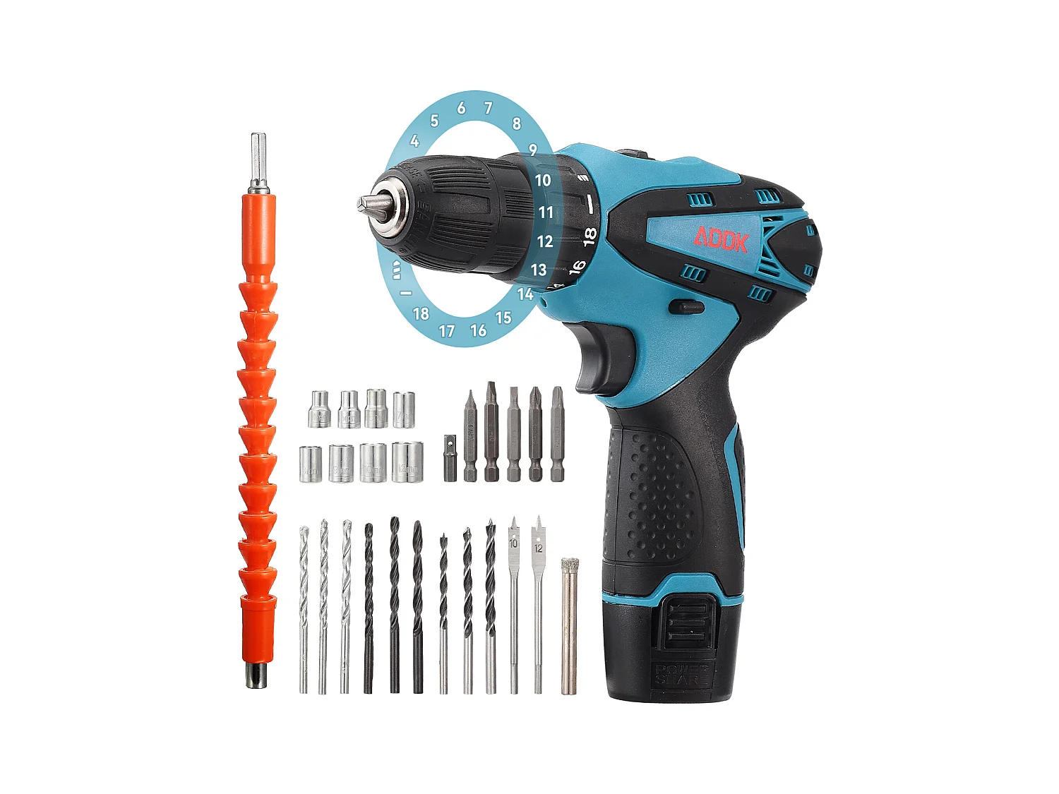 Accuboormachine met LED-lamp - 12V - 1*1,5Ah batterijen - 30 accessoires - borstelmotor - blauw