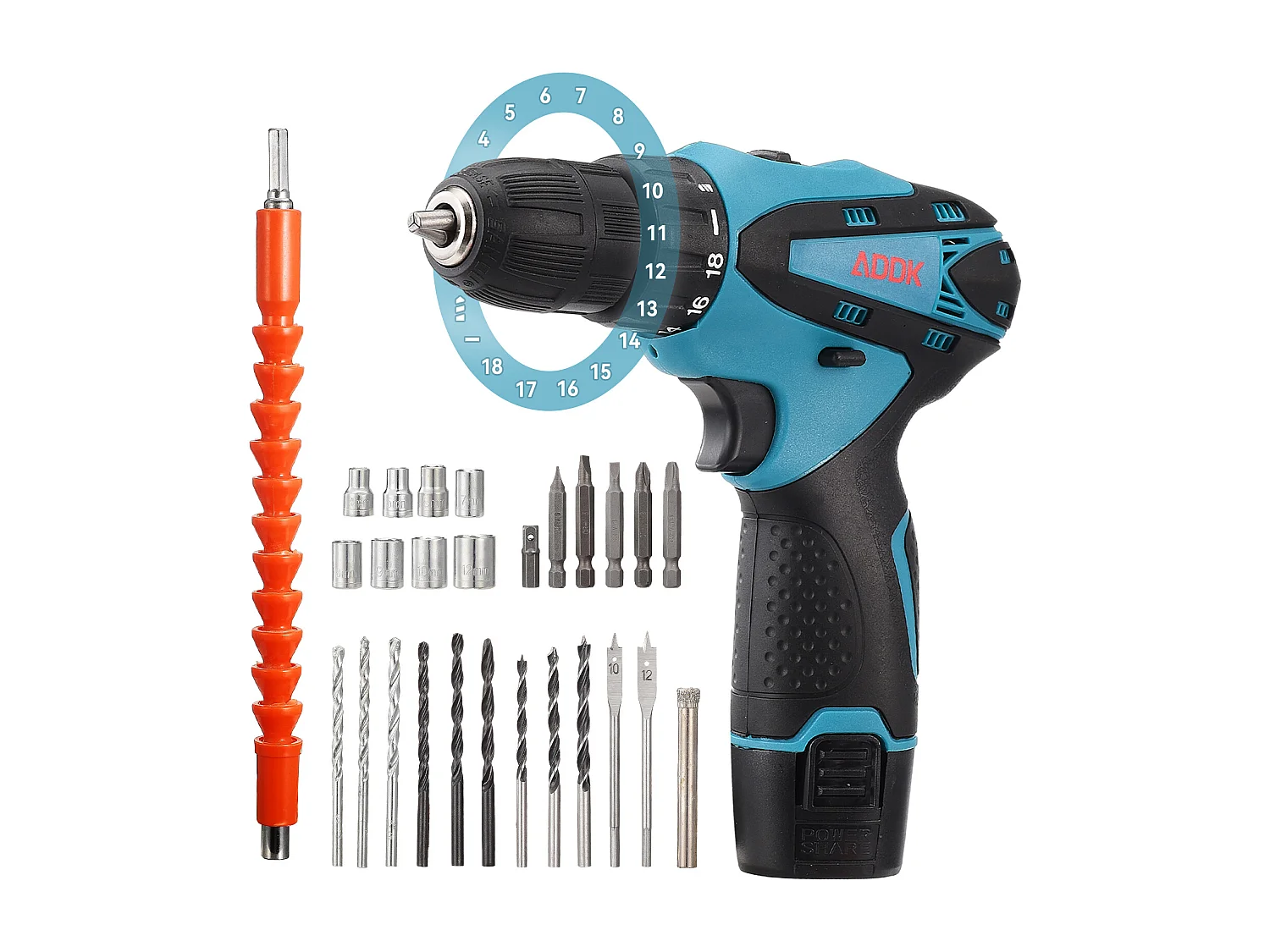 Accuboormachine met LED-lamp - 12V - 1*1,5Ah batterijen - 30 accessoires - borstelmotor - blauw