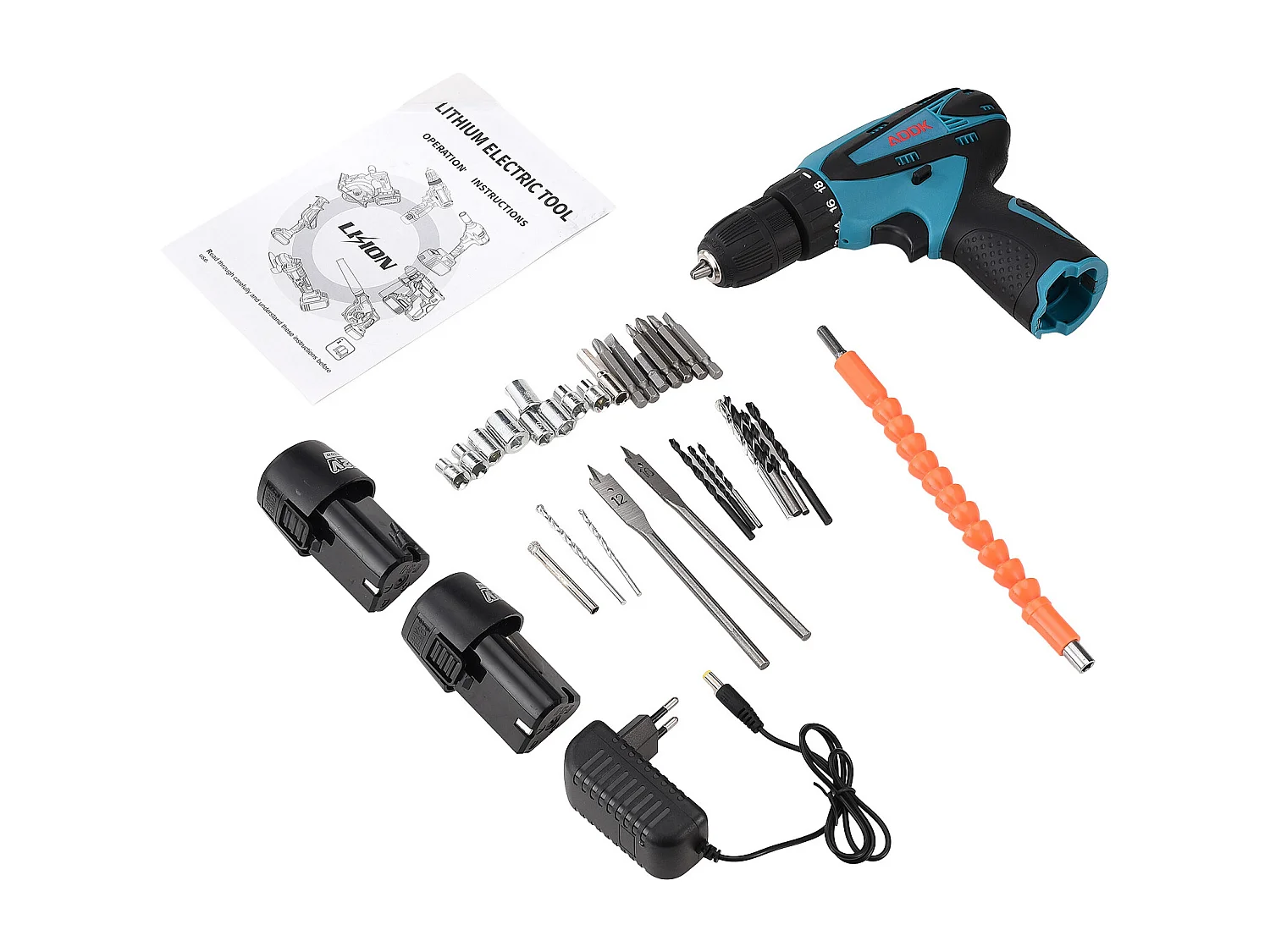 Accuboormachine met LED-lamp - 12V - Twee 1,5Ah-accu's - 30 accessoires - Borstelmotor - Blauw