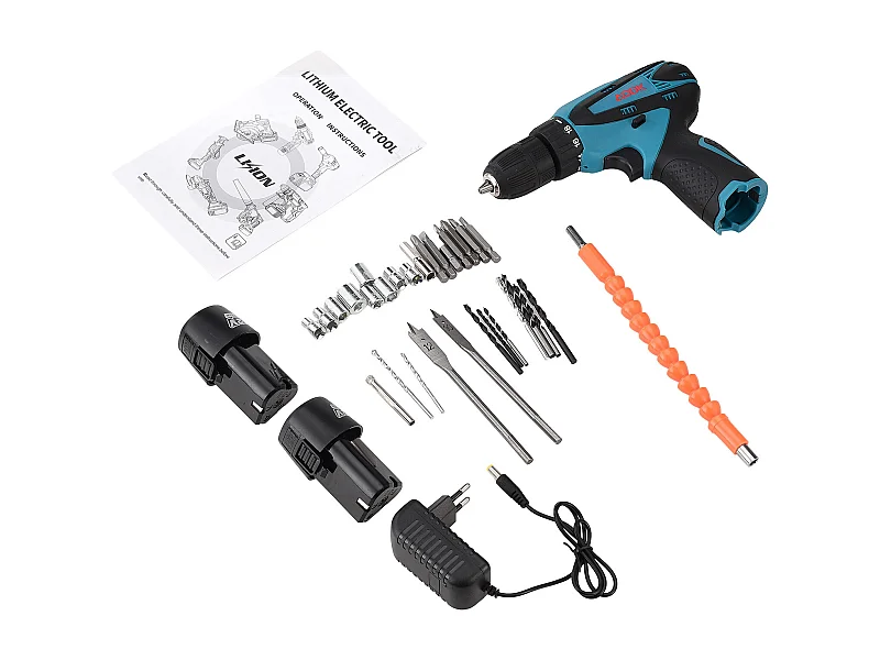 Perceuse Visseuse sans Fil avec lumière LED- 12V - Deux 1.5Ah Batteries - 30 accessoires - moteur brossé - bleu