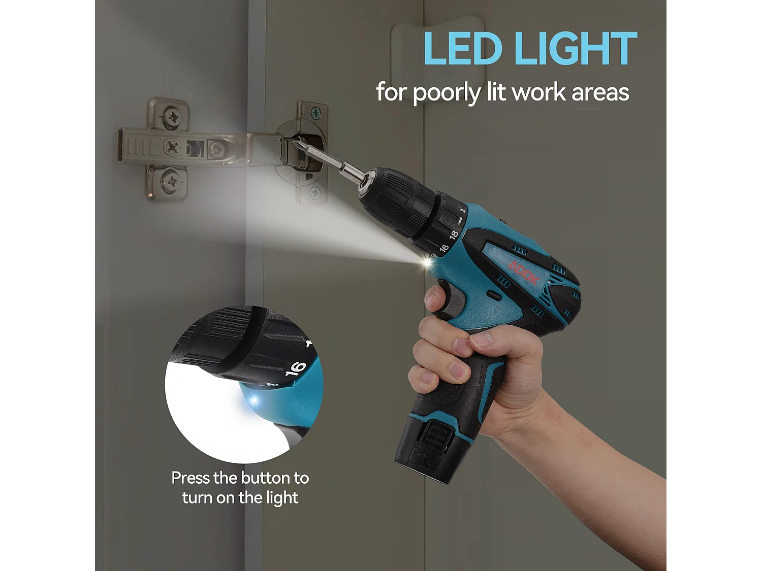 Perceuse Visseuse sans Fil avec lumière LED- 12V - Deux 1.5Ah Batteries - 30 accessoires - moteur à balais - bleu