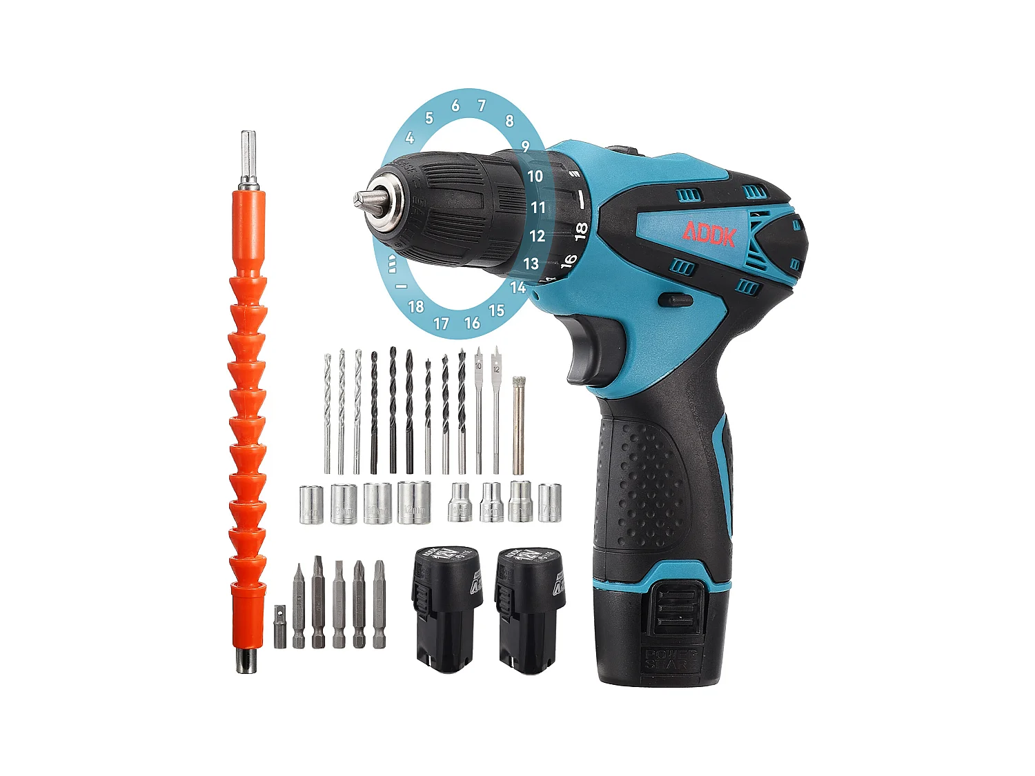 Accuboormachine met LED-lamp - 12V - Twee 1,5Ah-accu's - 30 accessoires - Borstelmotor - Blauw