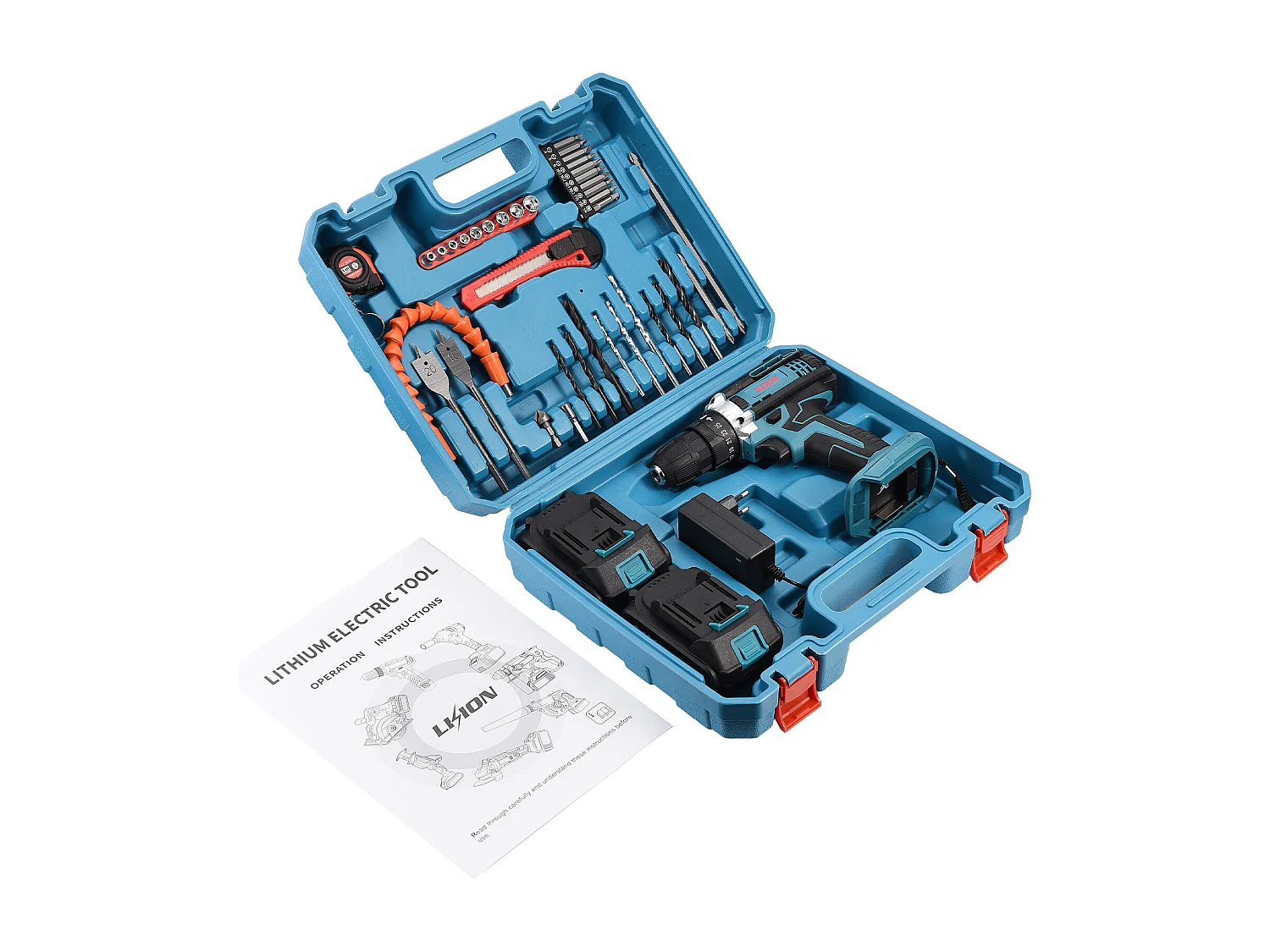 Accuboormachine met LED-lamp - 21V - Twee 1,5Ah-accu's - 37 accessoires - Borstelmotor - Blauw