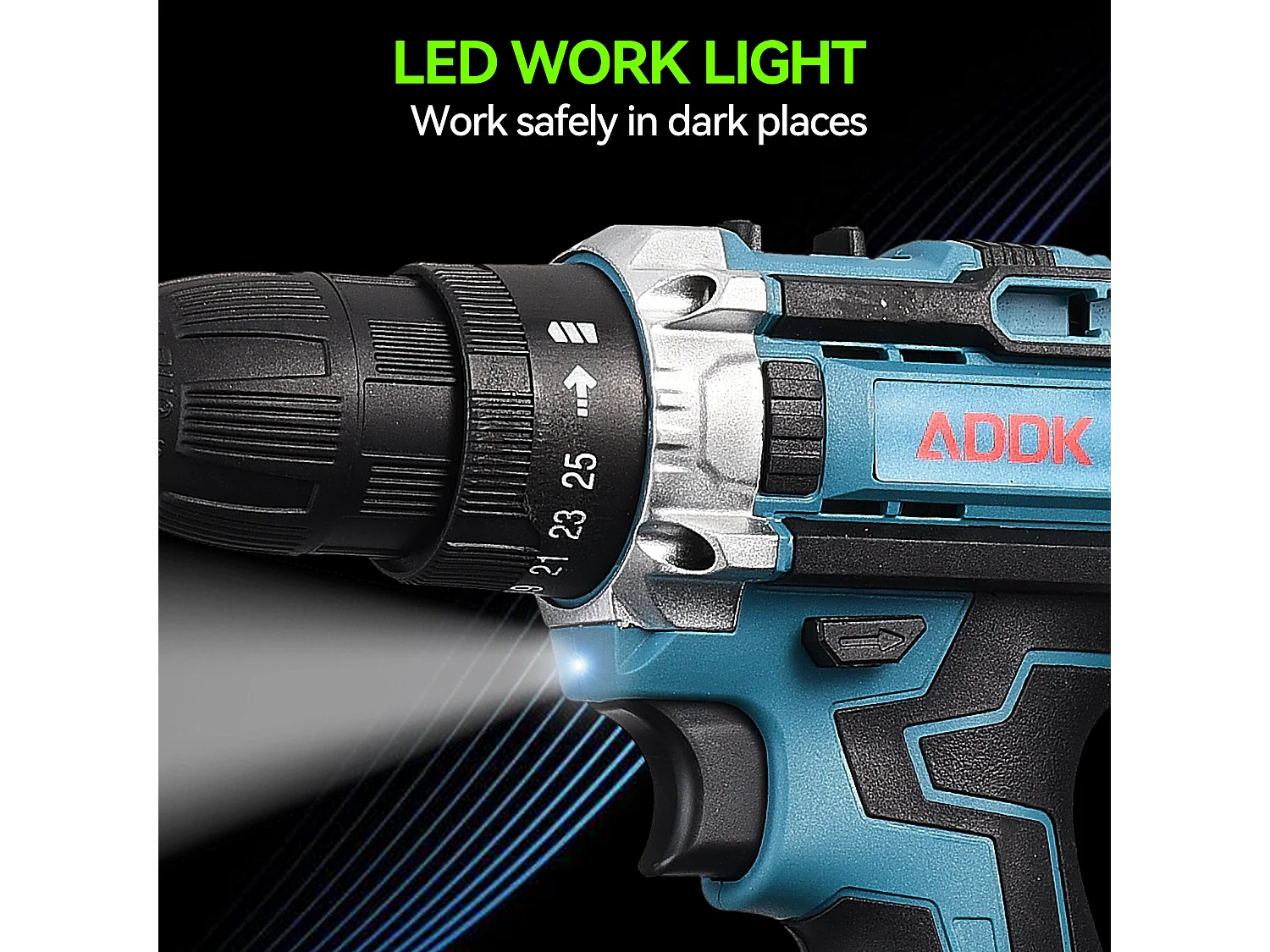 Accuboormachine met LED-lamp - 21V - Twee 1,5Ah-accu's - 37 accessoires - Borstelmotor - Blauw