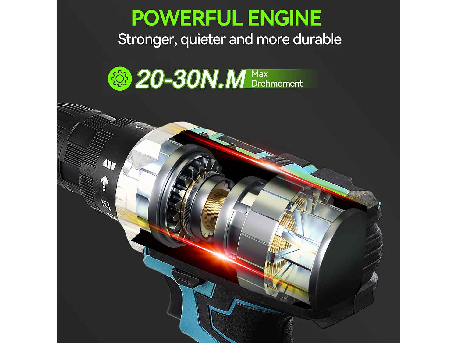 Akku-Bohrschrauber mit LED-Licht - 21 V - Zwei 1,5 Ah-Akkus - 37 Zubehörteile - Bürstenmotor - Blau