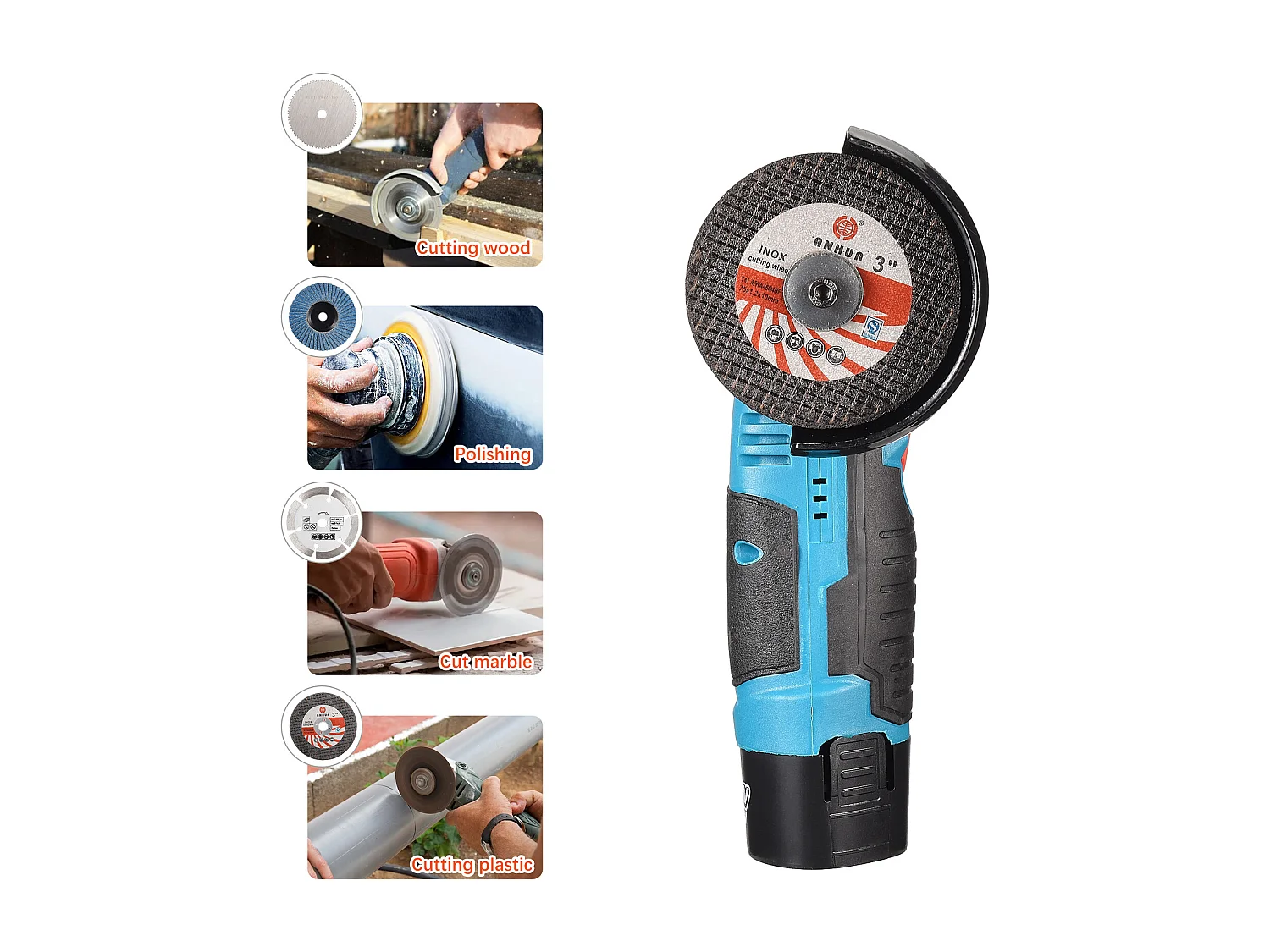 Mini rebarbadora angular sem fios 19500 RPM com bateria flexível, para lixar, cortar e polir com 2 baterias de 12 V e 2000 mAh