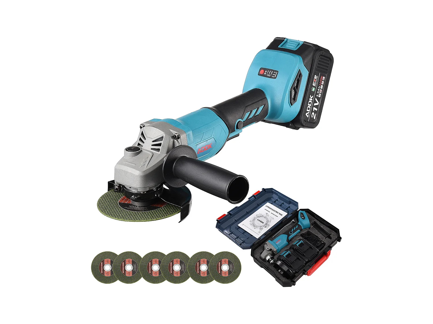 Borstelloze haakse slijper - Snoerloze haakse slijper - (Ø slijp-/doorslijpschijf: 125 mm) - 2 21V 3,0Ah lithium-ion accu's en 1 lader