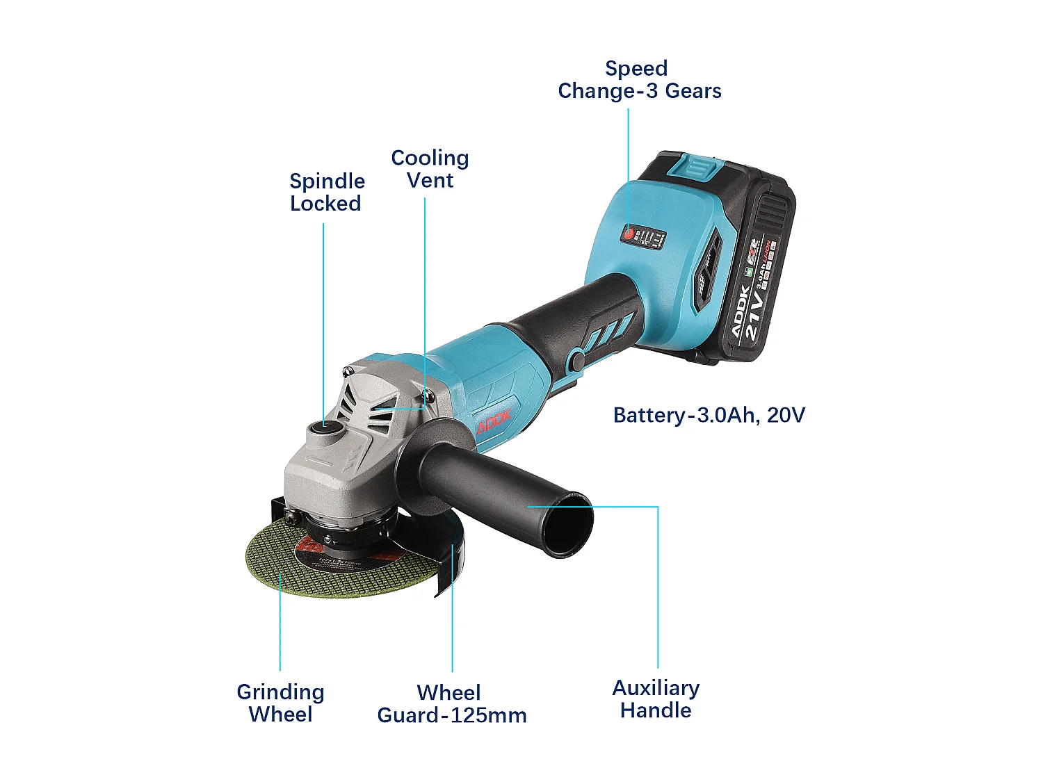 Meuleuse D'angle Brushless - Meuleuse angulaire sans fil - (Ø Disque à Ébarber/à Tronçonner:125 mm) - 2 Batterie lithium-ion 21V 3.0Ah et 1 chargeur