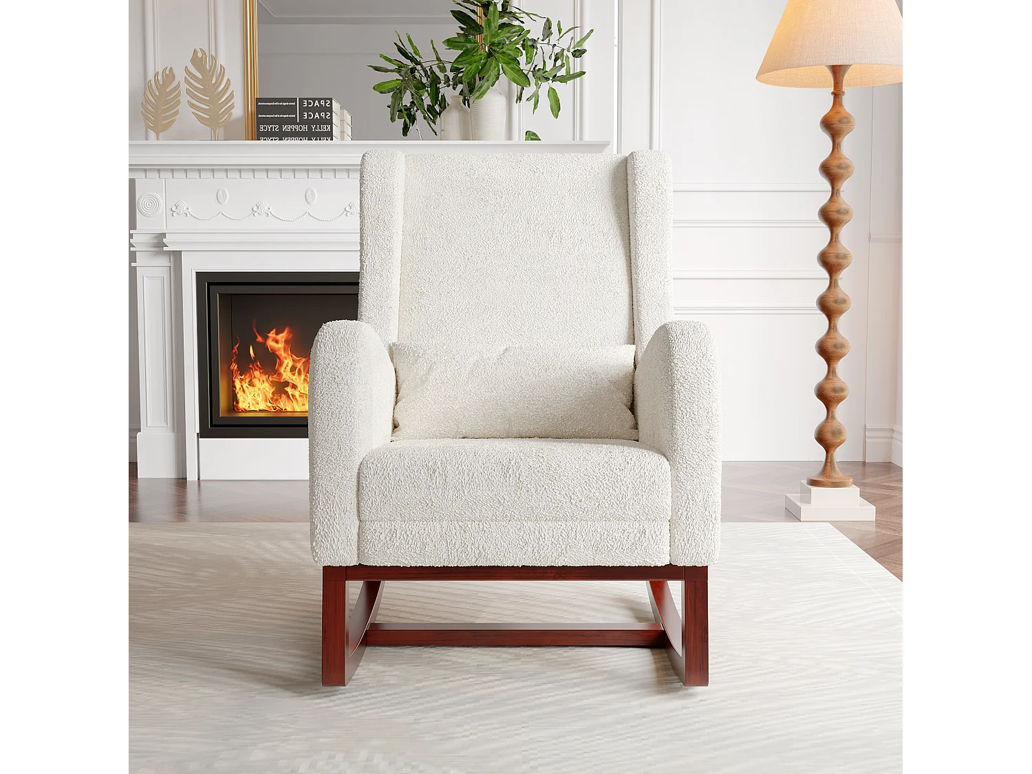 Mecedora, Mecedora con Reposapiés Retráctil, Mecedora de Madera Maciza con Respaldo Alto para Sala de Estar, Dormitorio, Hasta 150 kg - Beige