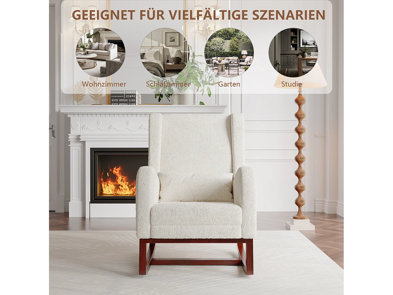 Mecedora, Mecedora con Reposapiés Retráctil, Mecedora de Madera Maciza con Respaldo Alto para Sala de Estar, Dormitorio, Hasta 150 kg - Beige