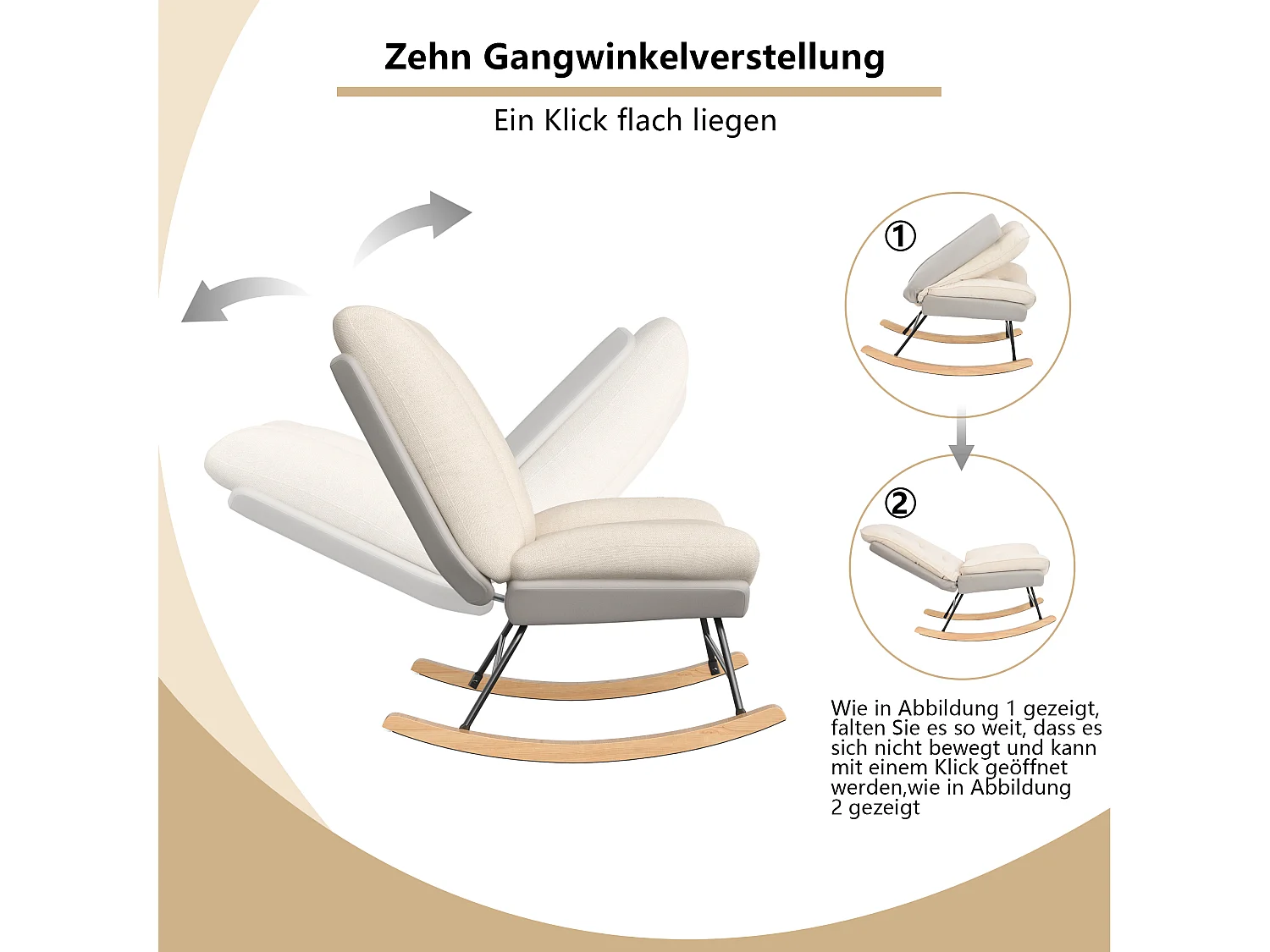 Fauteuil à bascule rembourré - avec dossier réglable, pour salon - chambre à coucher, balcon - 90,5 x 74 x 98 cm