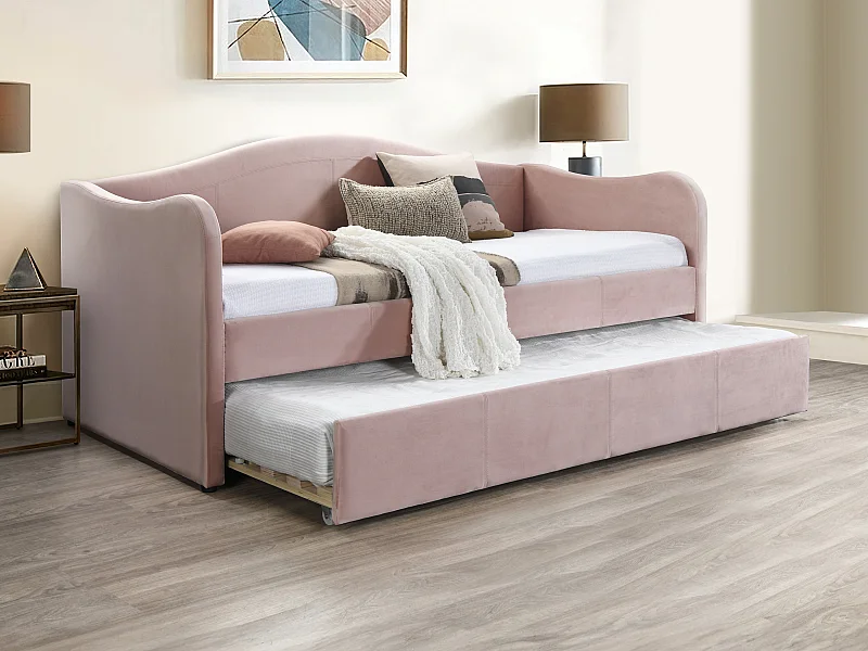 Bedbank met uitschuifbed 2 x 90 x 190 cm - Fluweel - Roze + Matras - MATHILDE
