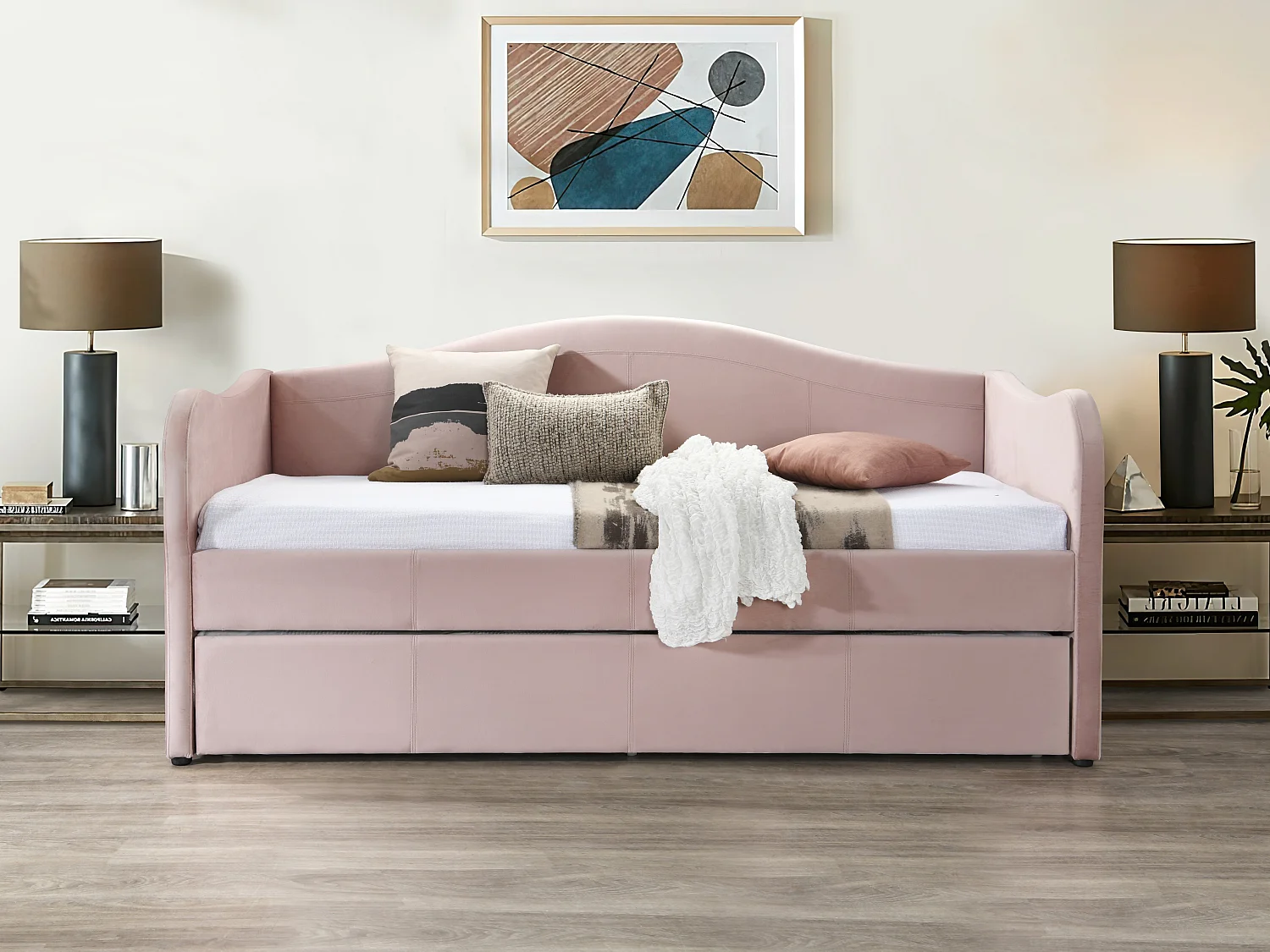 Bedbank met uitschuifbed 2 x 90 x 190 cm - Fluweel - Roze + Matras - MATHILDE