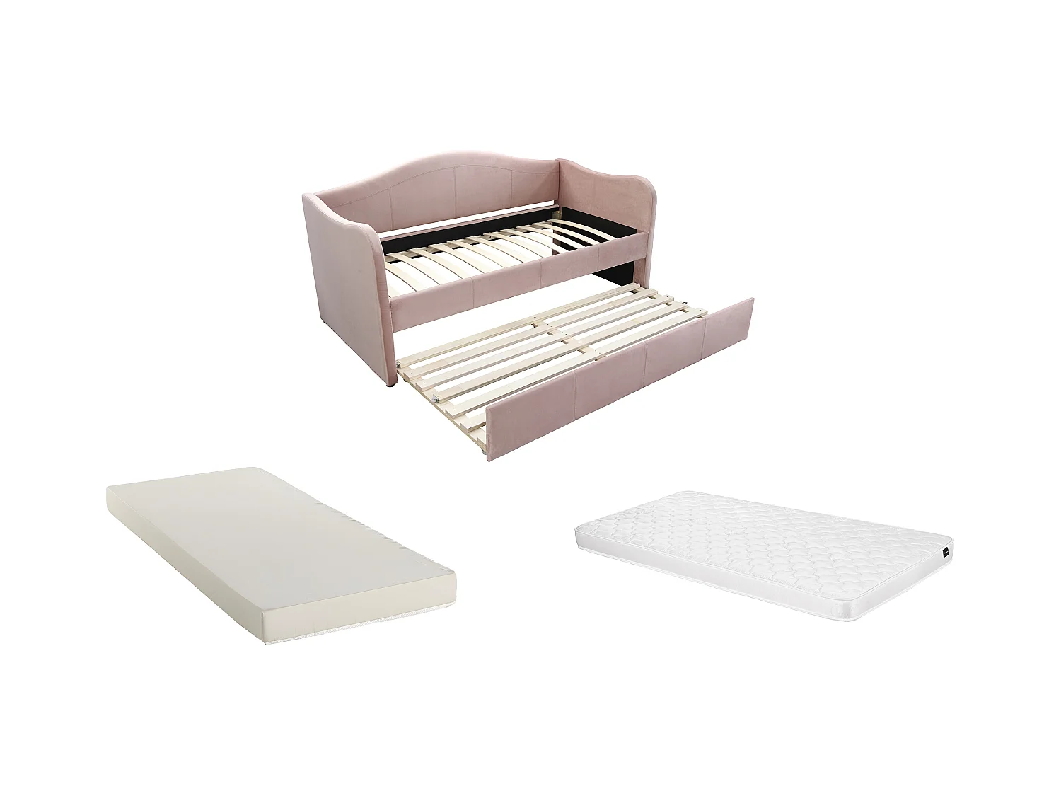 Bedbank met uitschuifbed 2 x 90 x 190 cm - Fluweel - Roze + Matras - MATHILDE