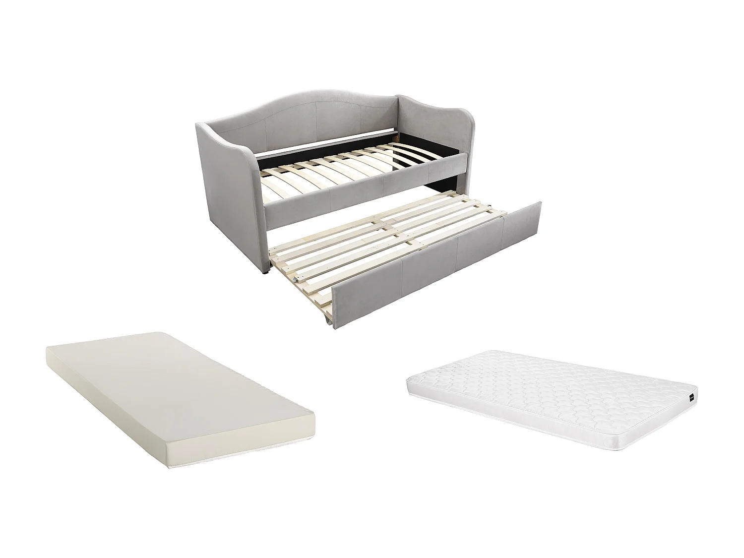 Lit banquette gigogne 2 x 90 x 190 cm - Velours - Gris clair + Matelas - MATHILDE