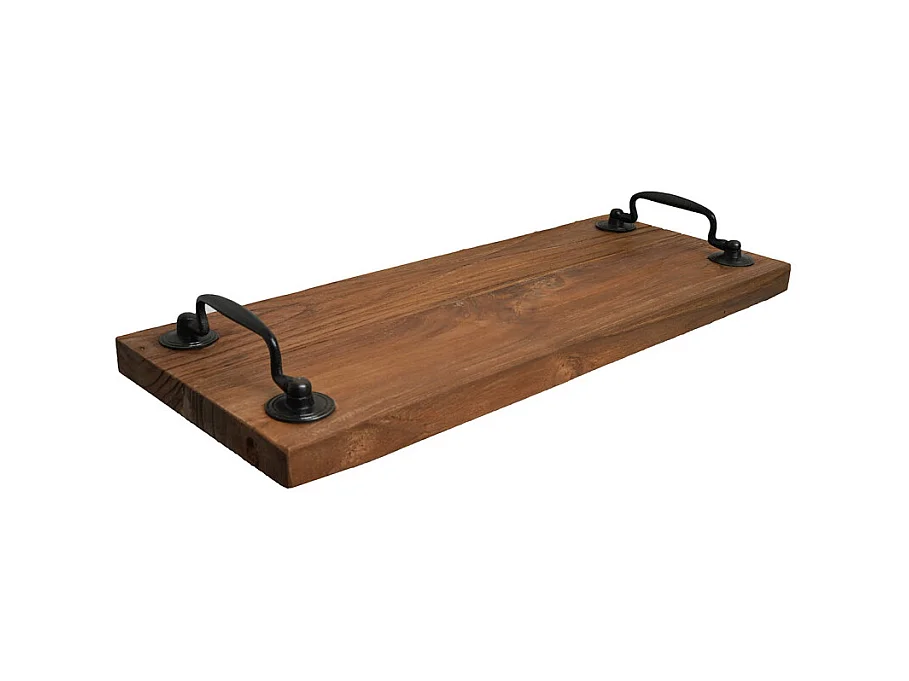 Plateau apéro 38 cm en bois de teck recyclé et poignées métal – BROOKE