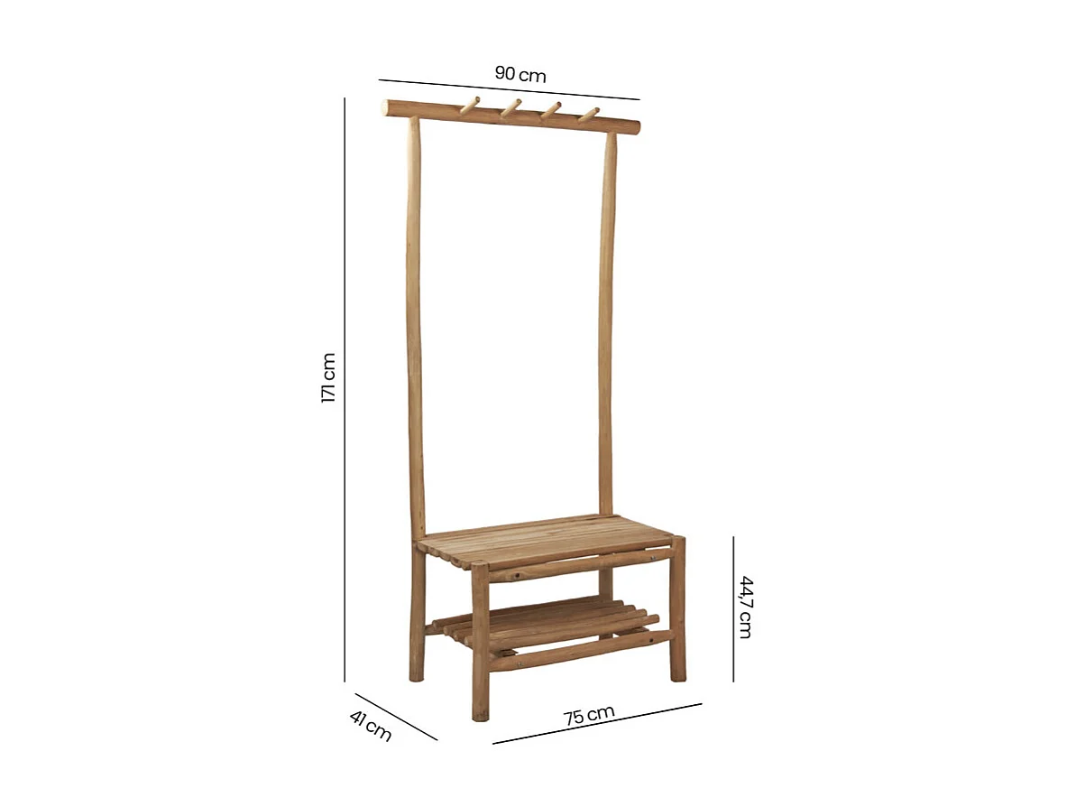 Meuble d’entrée rustique / portemanteau en bois de teck clair – NIO
