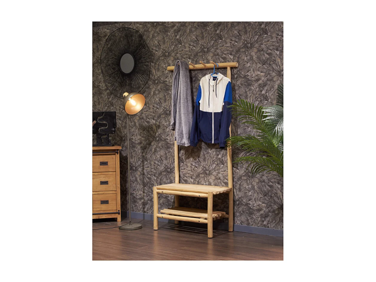 Meuble d’entrée rustique / portemanteau en bois de teck clair – NIO