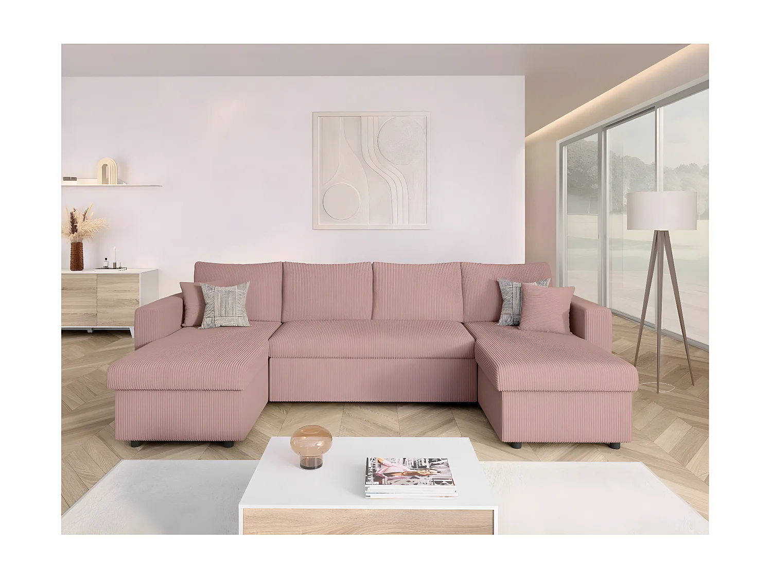 Canapé panoramique 6 places Maria convertible avec 2 coffres en velours côtelé - Rose - L295 x P146 x H81cm - Loungitude