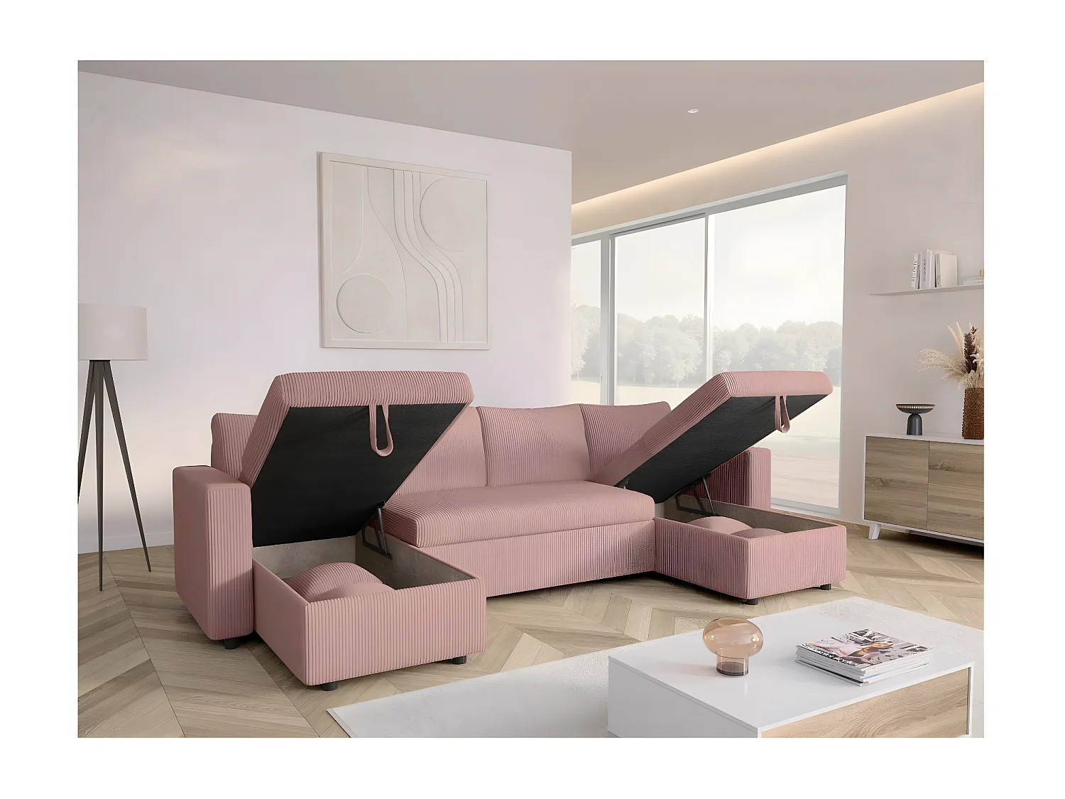 Canapé panoramique 6 places Maria convertible avec 2 coffres en velours côtelé - Rose - L295 x P146 x H81cm - Loungitude