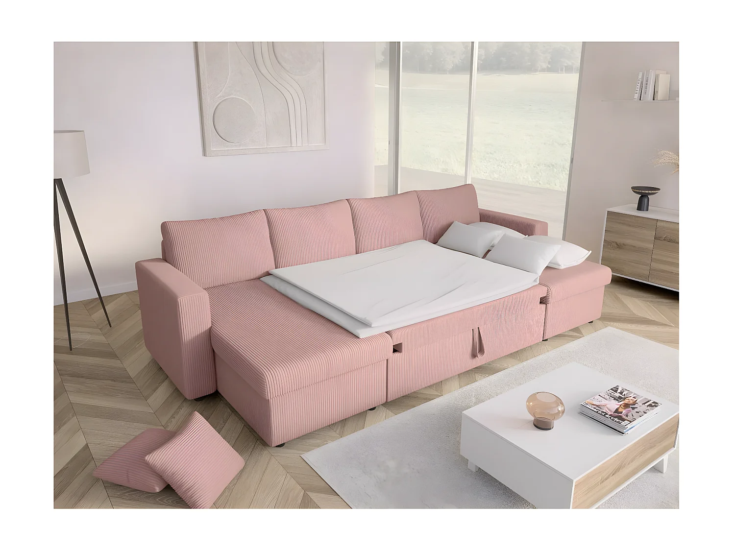 Canapé panoramique 6 places Maria convertible avec 2 coffres en velours côtelé - Rose - L295 x P146 x H81cm - Loungitude