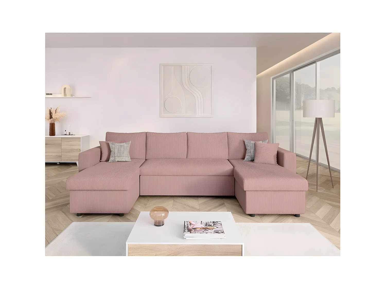 Canapé panoramique 6 places Maria convertible avec 2 coffres en velours côtelé - Rose - L295 x P146 x H81cm - Loungitude