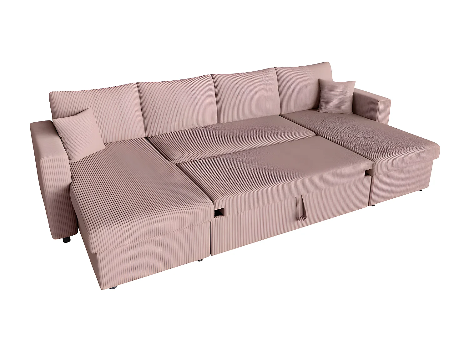 Canapé panoramique 6 places Maria convertible avec 2 coffres en velours côtelé - Rose - L295 x P146 x H81cm - Loungitude
