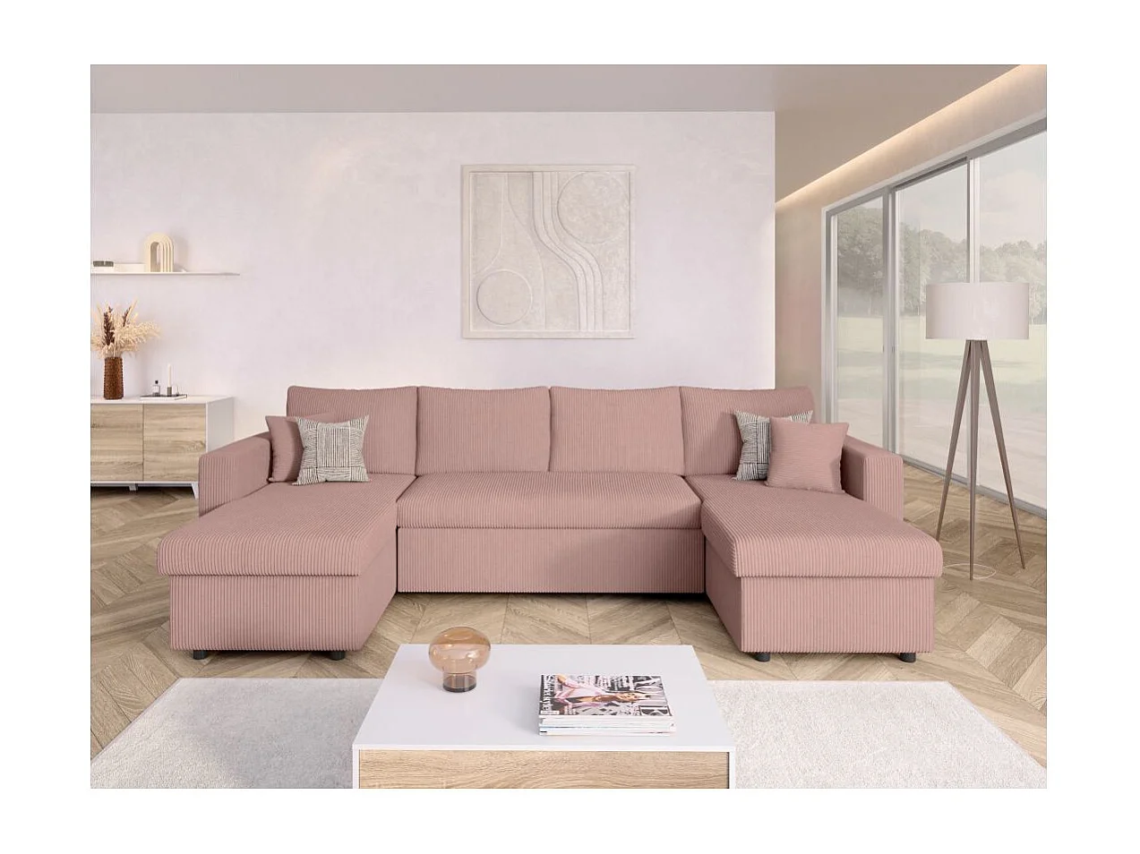 Canapé panoramique 6 places Maria convertible avec 2 coffres en velours côtelé - Rose - L295 x P146 x H81cm - Loungitude