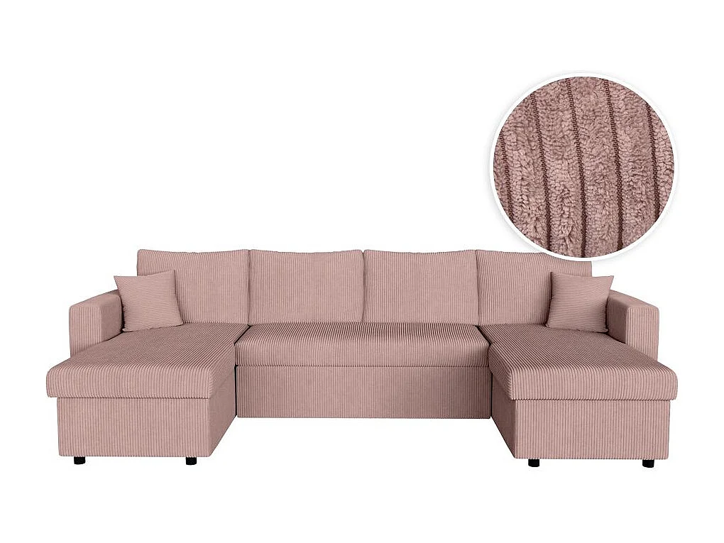 Canapé panoramique 6 places Maria convertible avec 2 coffres en velours côtelé - Rose - L295 x P146 x H81cm - Loungitude