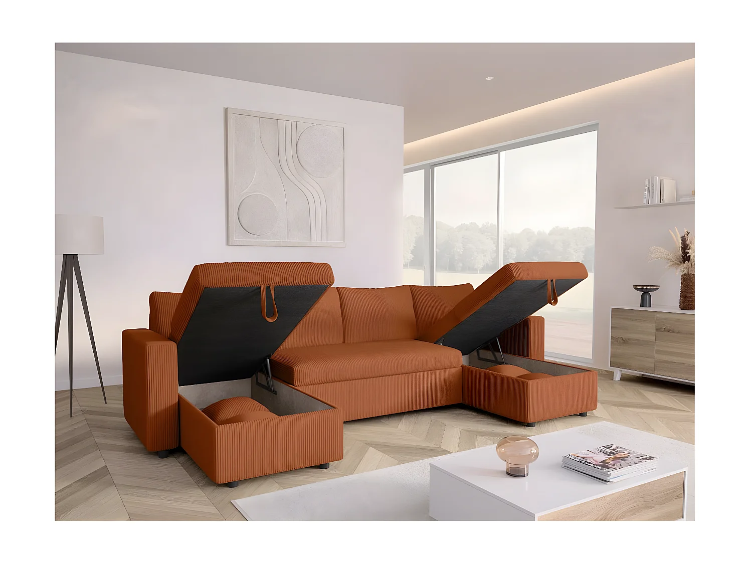 Canapé panoramique 6 places Maria convertible avec 2 coffres en velours côtelé - Terracotta - L295 x P146 x H81cm - Loungitude