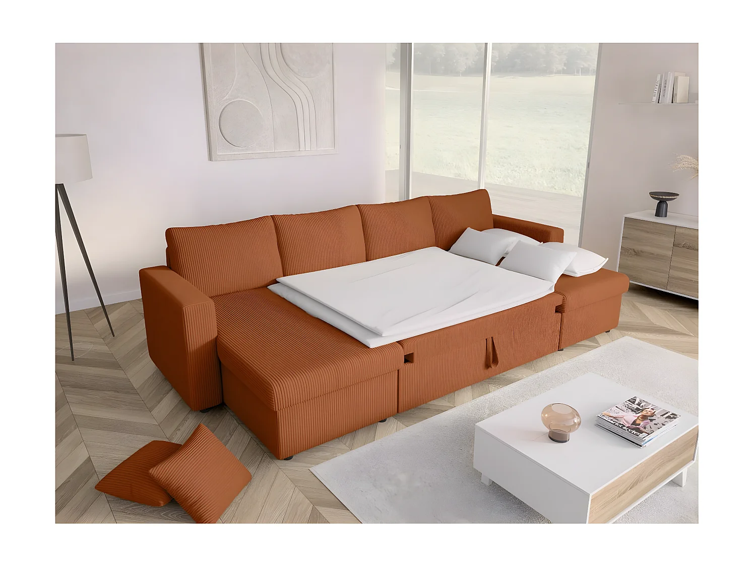 Canapé panoramique 6 places Maria convertible avec 2 coffres en velours côtelé - Terracotta - L295 x P146 x H81cm - Loungitude