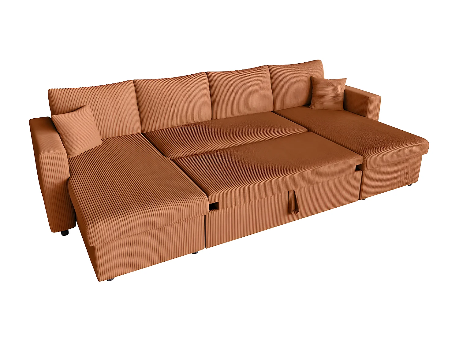 Canapé panoramique 6 places Maria convertible avec 2 coffres en velours côtelé - Terracotta - L295 x P146 x H81cm - Loungitude