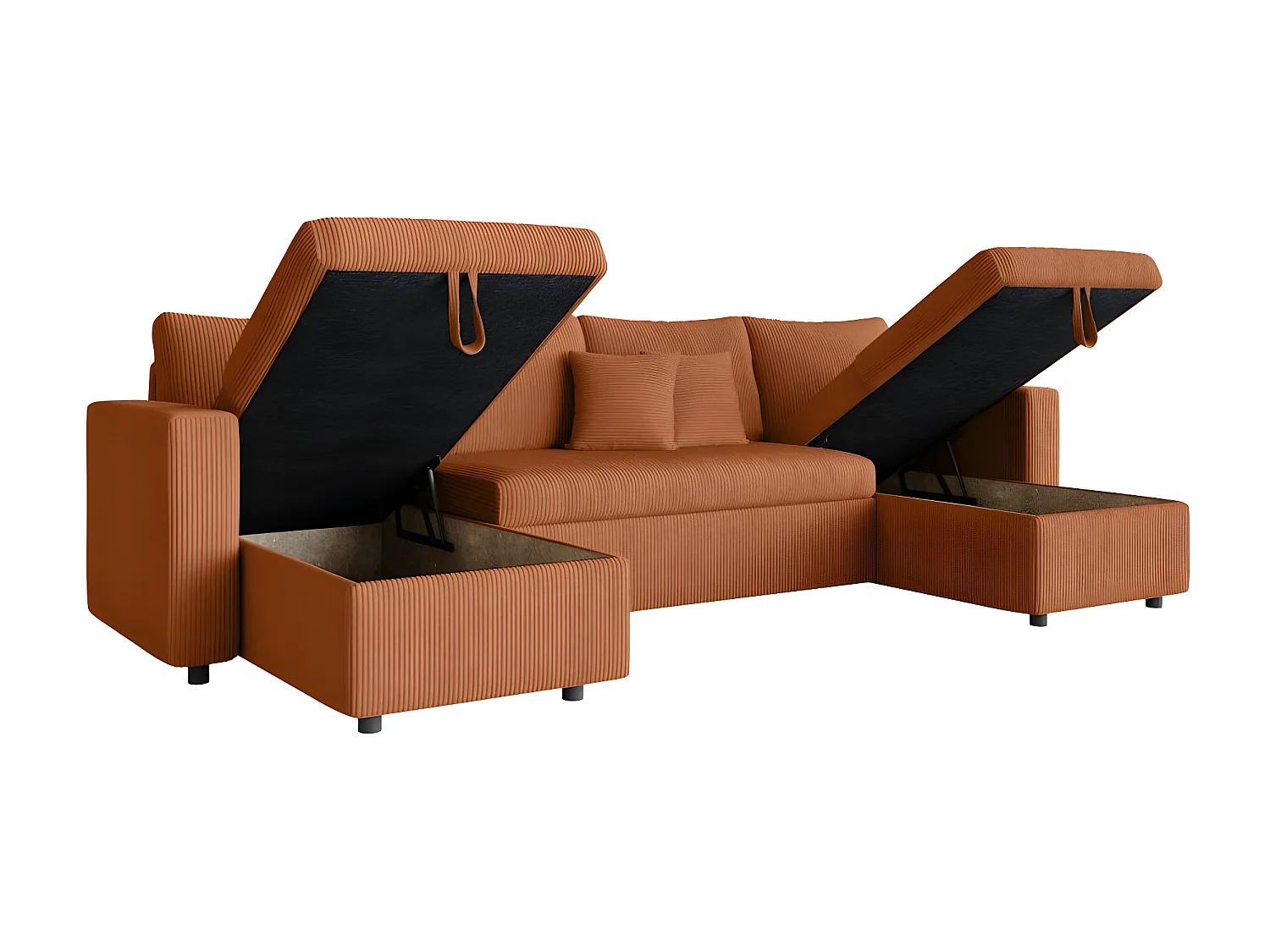 Canapé panoramique 6 places Maria convertible avec 2 coffres en velours côtelé - Terracotta - L295 x P146 x H81cm - Loungitude