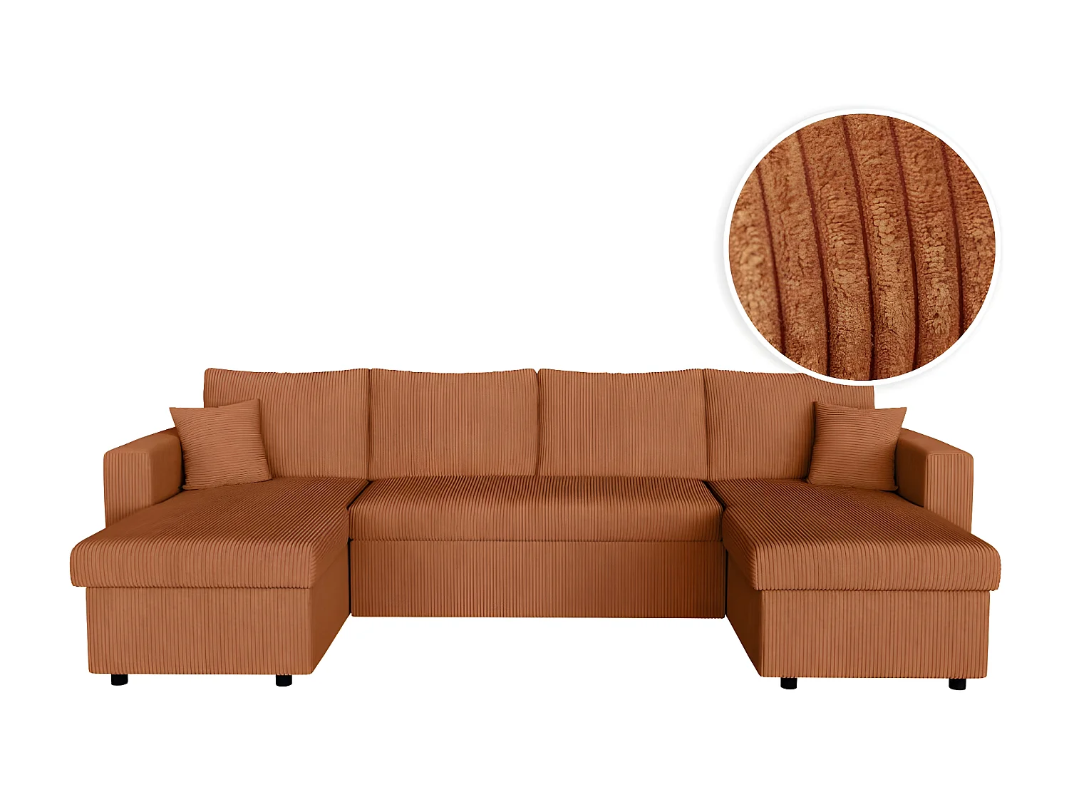 Canapé panoramique 6 places Maria convertible avec 2 coffres en velours côtelé - Terracotta - L295 x P146 x H81cm - Loungitude