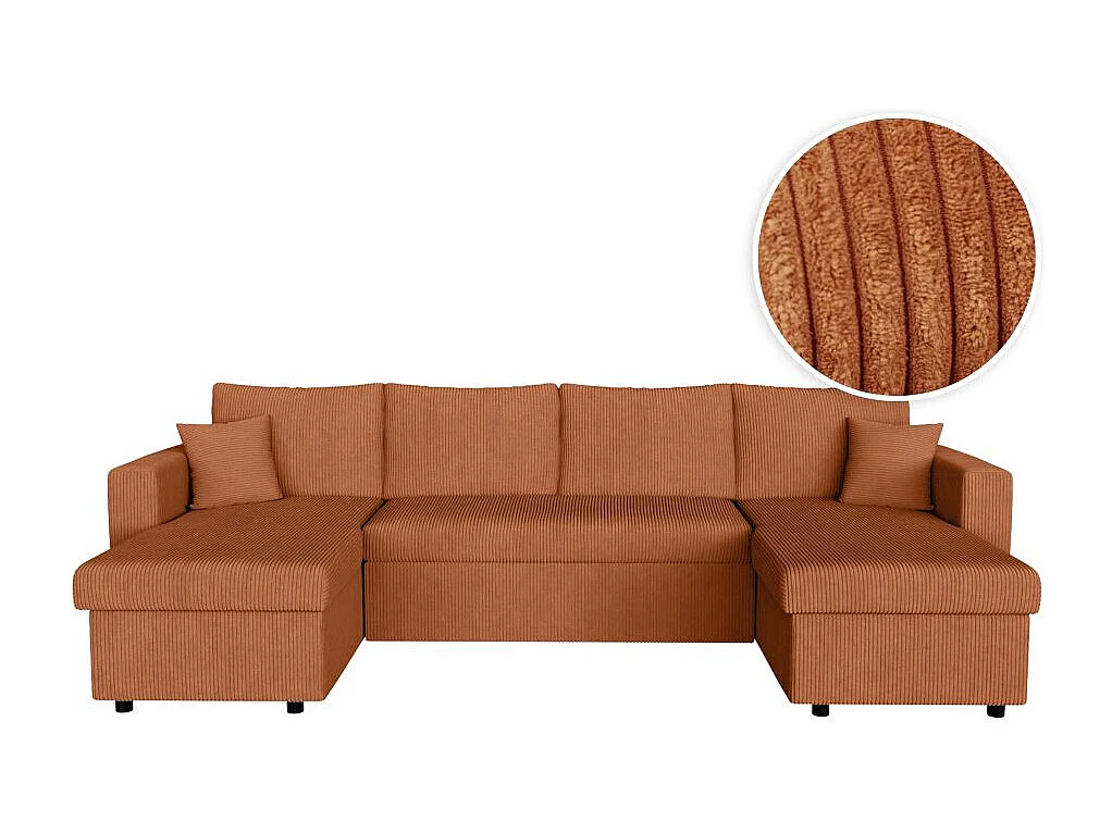 Canapé panoramique 6 places Maria convertible avec 2 coffres en velours côtelé - Terracotta - L295 x P146 x H81cm - Loungitude