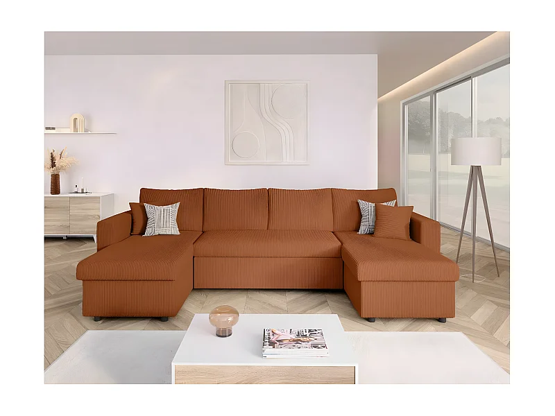 Canapé panoramique 6 places Maria convertible avec 2 coffres en velours côtelé - Terracotta - L295 x P146 x H81cm - Loungitude