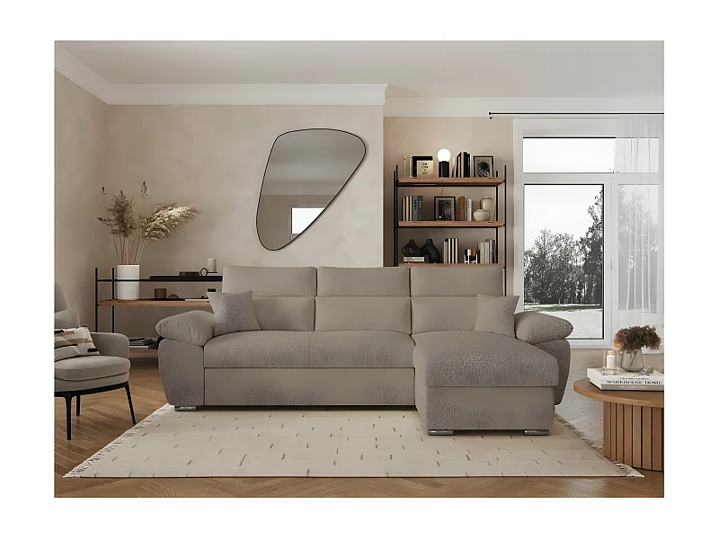 Canapé d'angle 4 places Komeco réversible convertible avec coffre en tissu bouclette - Taupe - L265 x P166 x H91cm - Loungitude
