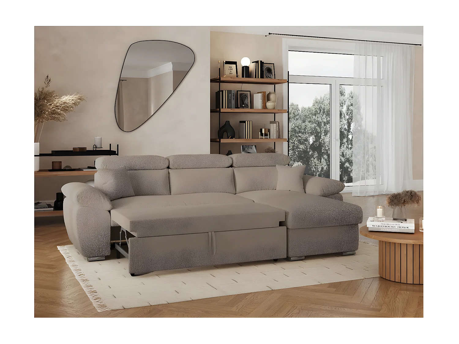 Canapé d'angle 4 places Komeco réversible convertible avec coffre en tissu bouclette - Taupe - L265 x P166 x H91cm - Loungitude