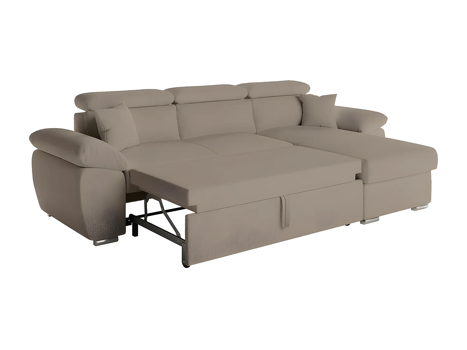 Canapé d'angle 4 places Komeco réversible convertible avec coffre en tissu bouclette - Taupe - L265 x P166 x H91cm - Loungitude