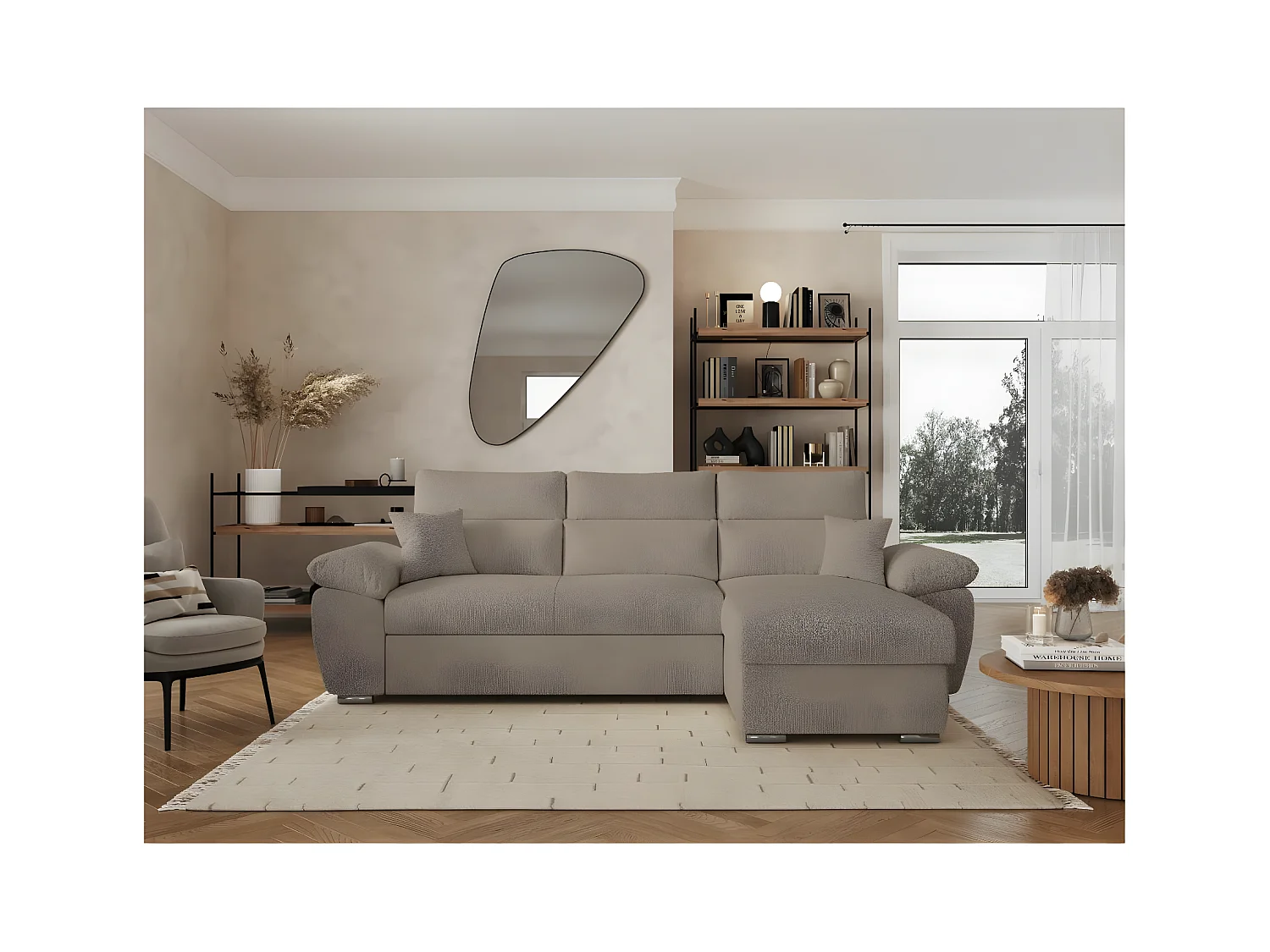 Canapé d'angle 4 places Komeco réversible convertible avec coffre en tissu bouclette - Taupe - L265 x P166 x H91cm - Loungitude