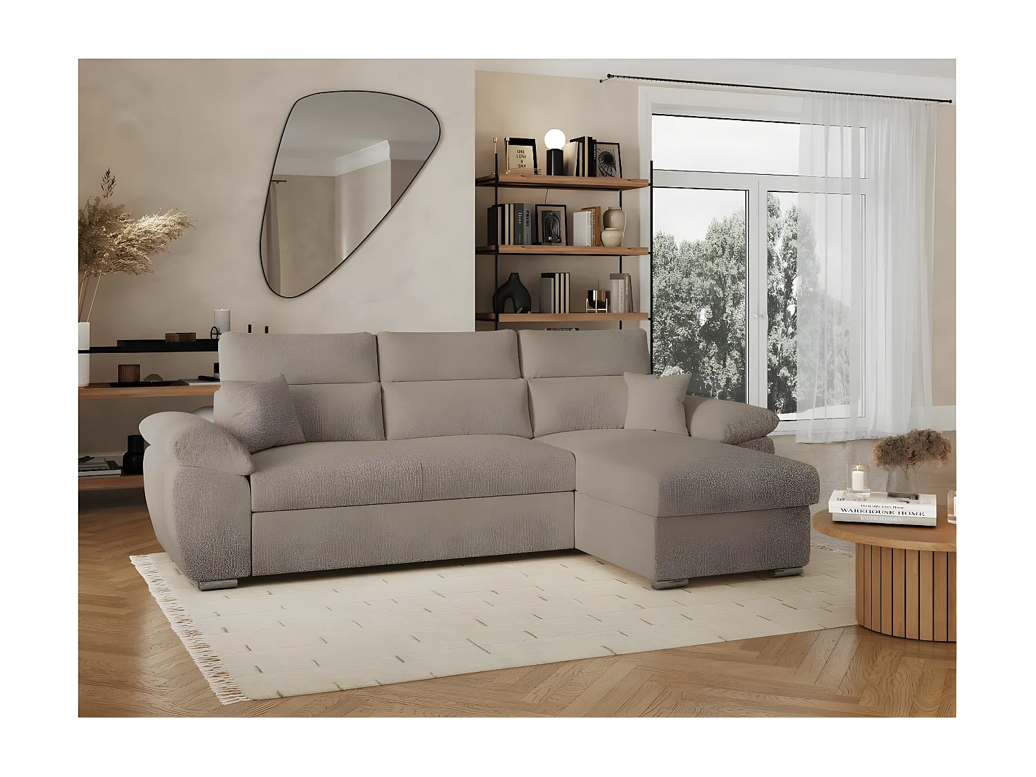 Canapé d'angle 4 places Komeco réversible convertible avec coffre en tissu bouclette - Taupe - L265 x P166 x H91cm - Loungitude
