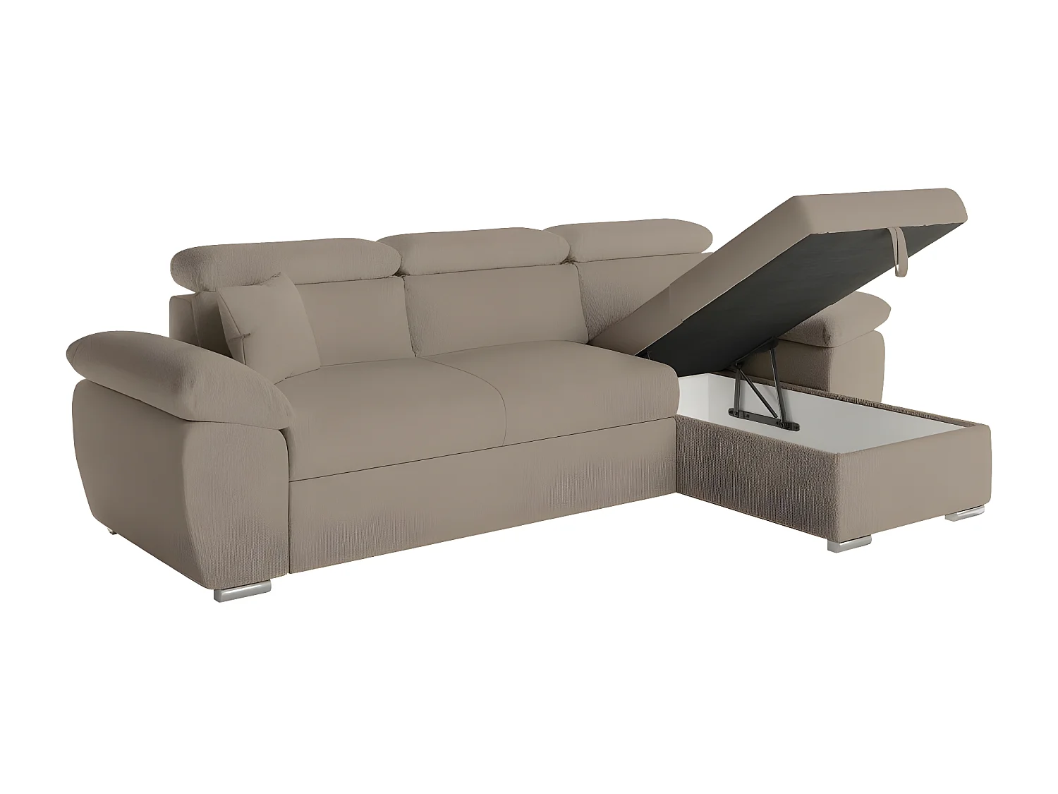 Canapé d'angle 4 places Komeco réversible convertible avec coffre en tissu bouclette - Taupe - L265 x P166 x H91cm - Loungitude