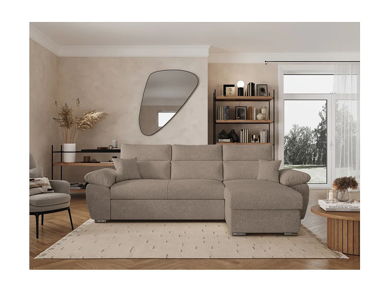 Canapé d'angle 4 places Komeco réversible convertible avec coffre en tissu bouclette - Taupe - L265 x P166 x H91cm - Loungitude