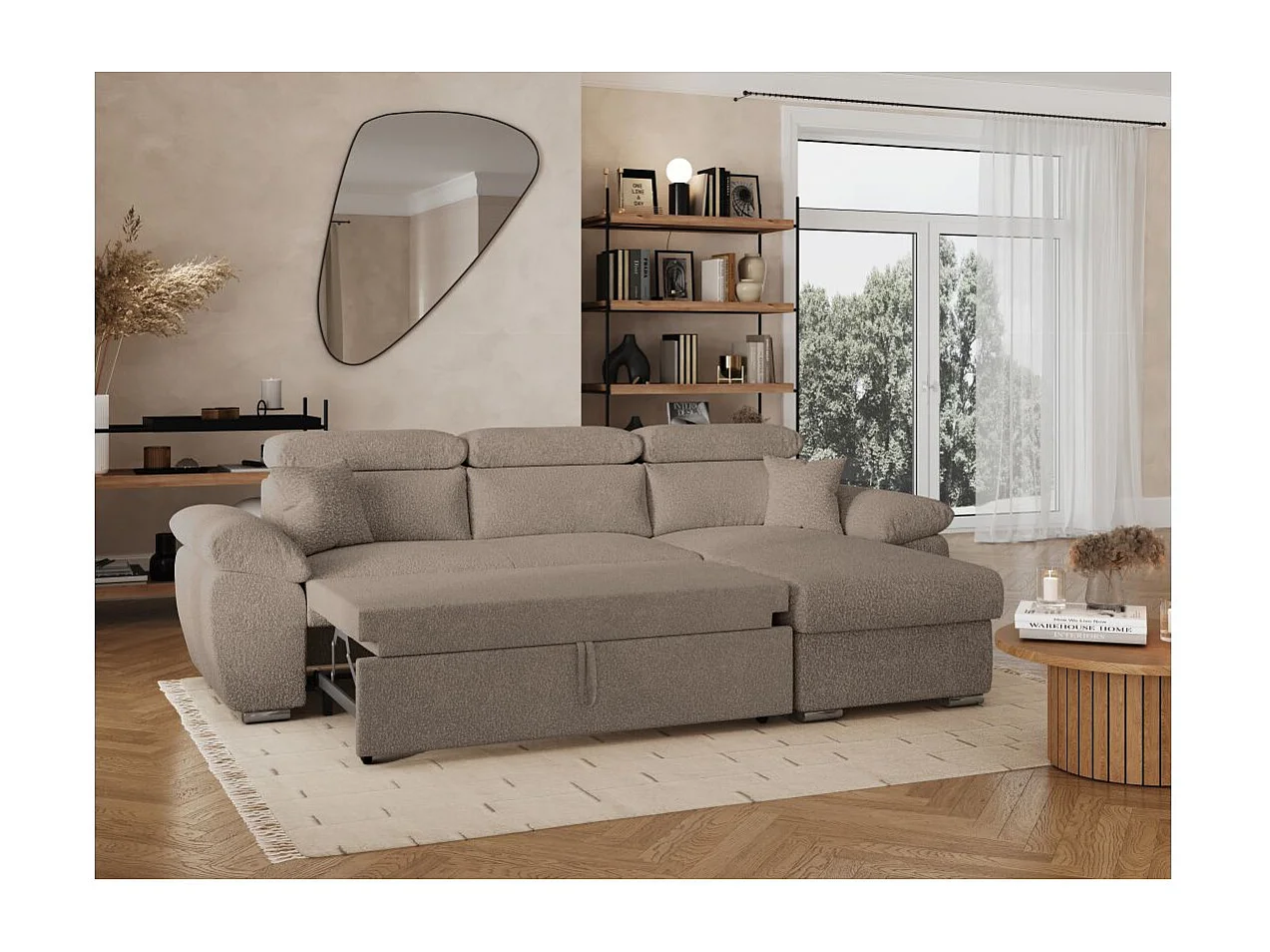Canapé d'angle 4 places Komeco réversible convertible avec coffre en tissu bouclette - Taupe - L265 x P166 x H91cm - Loungitude