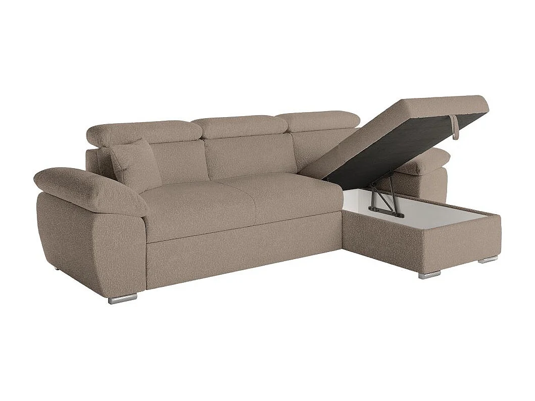 Canapé d'angle 4 places Komeco réversible convertible avec coffre en tissu bouclette - Taupe - L265 x P166 x H91cm - Loungitude