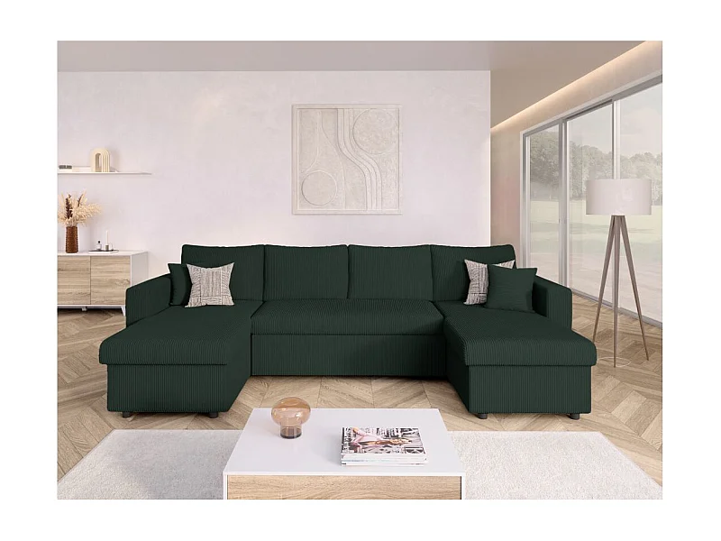 Canapé panoramique 6 places Maria convertible avec 2 coffres en velours côtelé - Vert foncé - L295 x P146 x H81cm - Loungitude