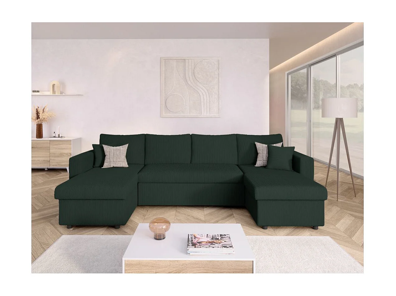 Canapé panoramique 6 places Maria convertible avec 2 coffres en velours côtelé - Vert foncé - L295 x P146 x H81cm - Loungitude