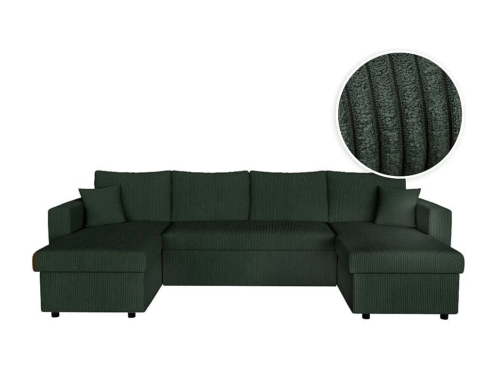 Canapé panoramique 6 places Maria convertible avec 2 coffres en velours côtelé - Vert foncé - L295 x P146 x H81cm - Loungitude