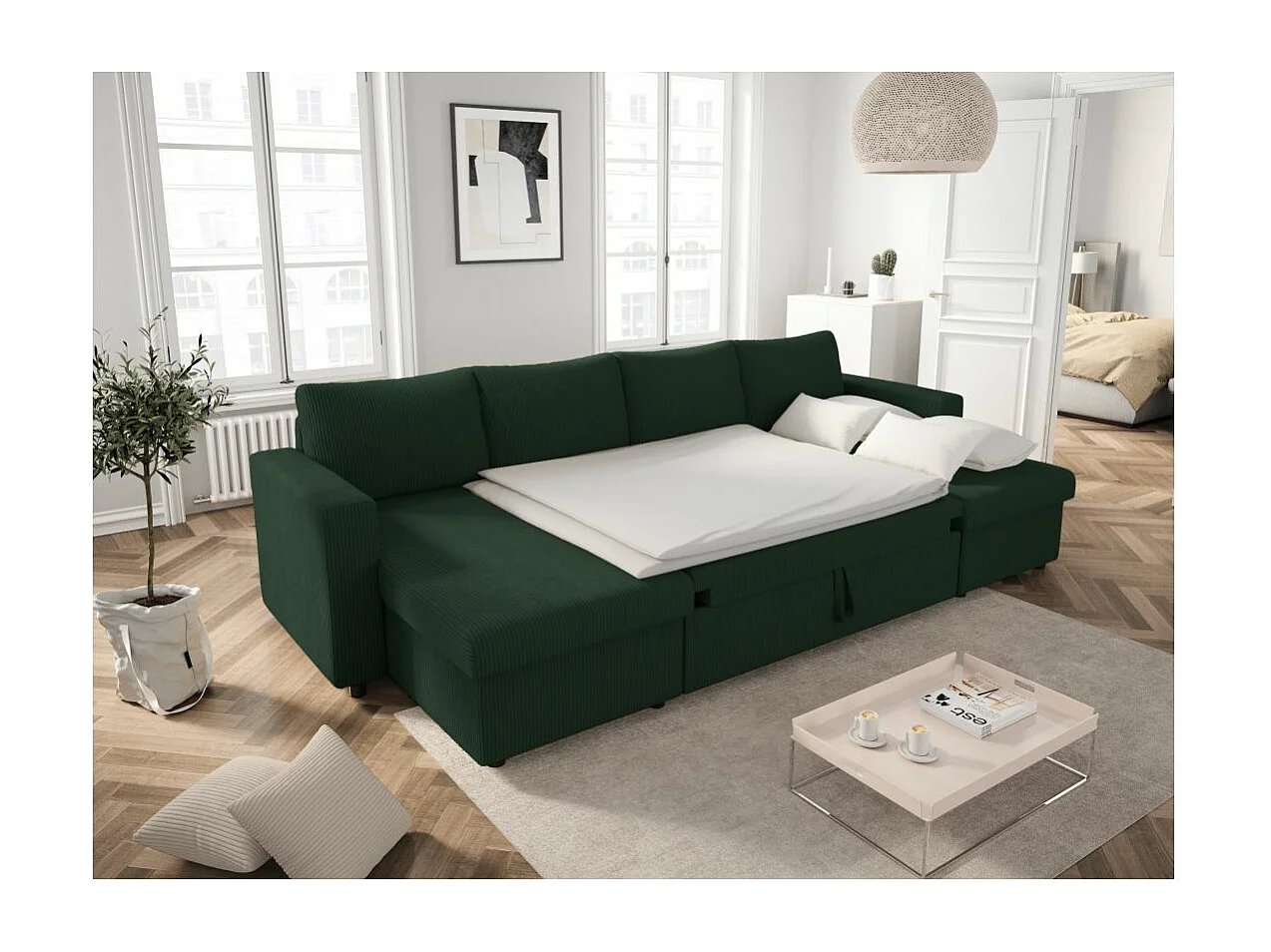 Canapé panoramique 6 places Maria convertible avec 2 coffres en velours côtelé - Vert foncé - L295 x P146 x H81cm - Loungitude