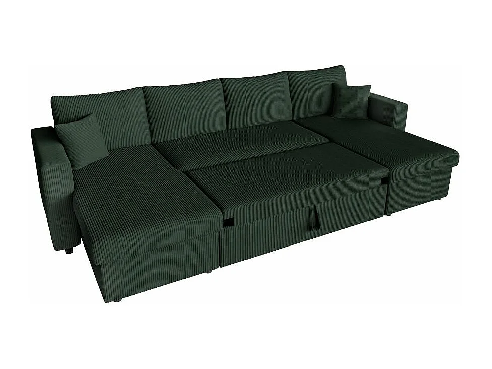 Canapé panoramique 6 places Maria convertible avec 2 coffres en velours côtelé - Vert foncé - L295 x P146 x H81cm - Loungitude